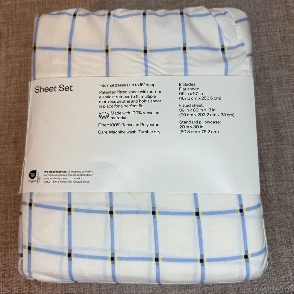 Room Essentials Twin Sheet Set Blue Grid‎ Microfiber Twin XL Compatible NWT - Picture 5 of 7